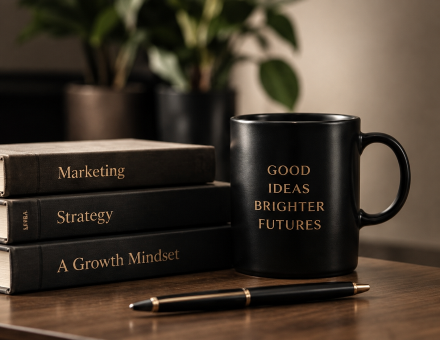 Marketing and strategy books beside a black mug reading Good Ideas, Brighter Futures
